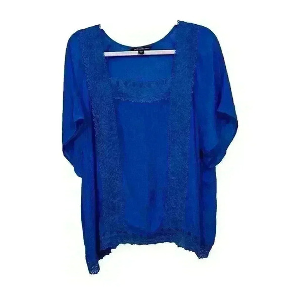Zac & Rachel Womens 2X Blue Crocheted Tunic Blouse Top Draped Sides Short Sleeve - Picture 2 of 13